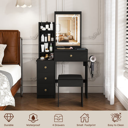 Vanity Desk Set with Lighted Mirror, 4 Drawers & Stool