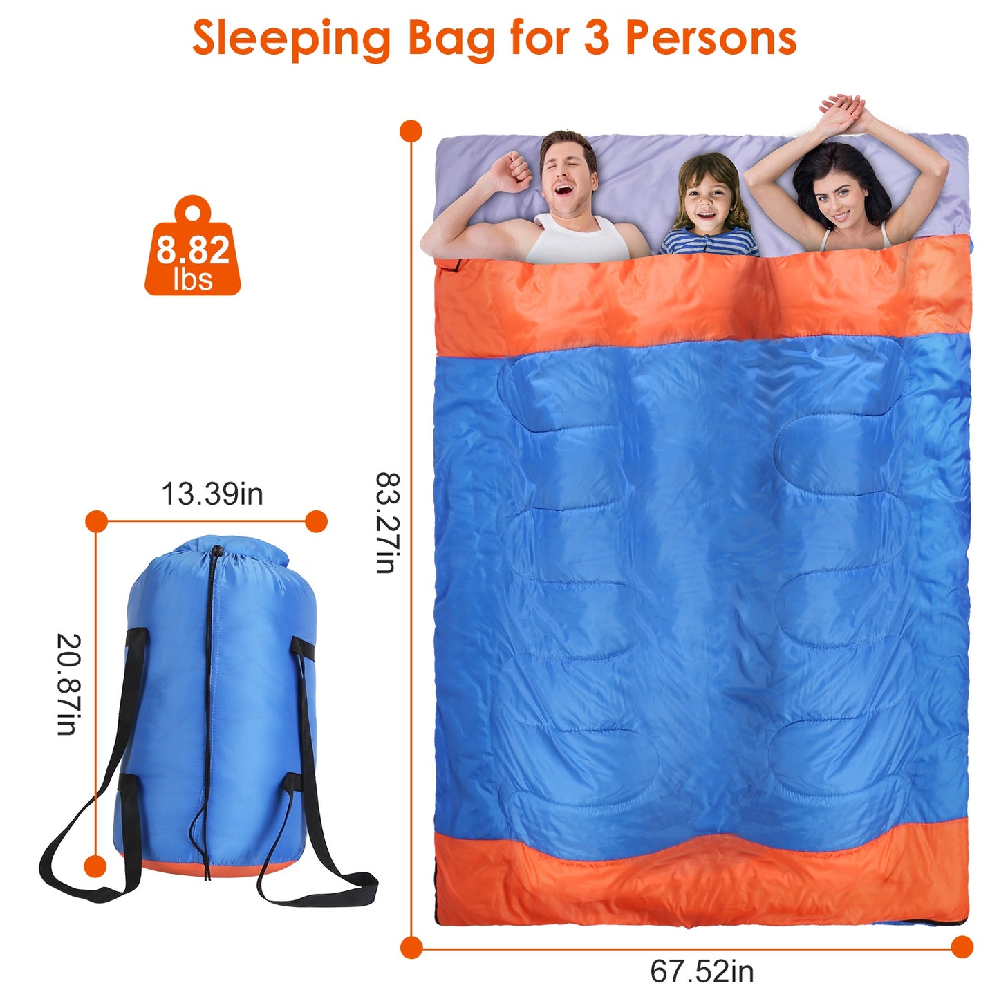 3 People Sleeping Bag for Adult Kids Lightweight Water Resistant Camping Cotton Liner Cold Warm Weather Indoor Outdoor Use 3 Season with Sack for Spri
