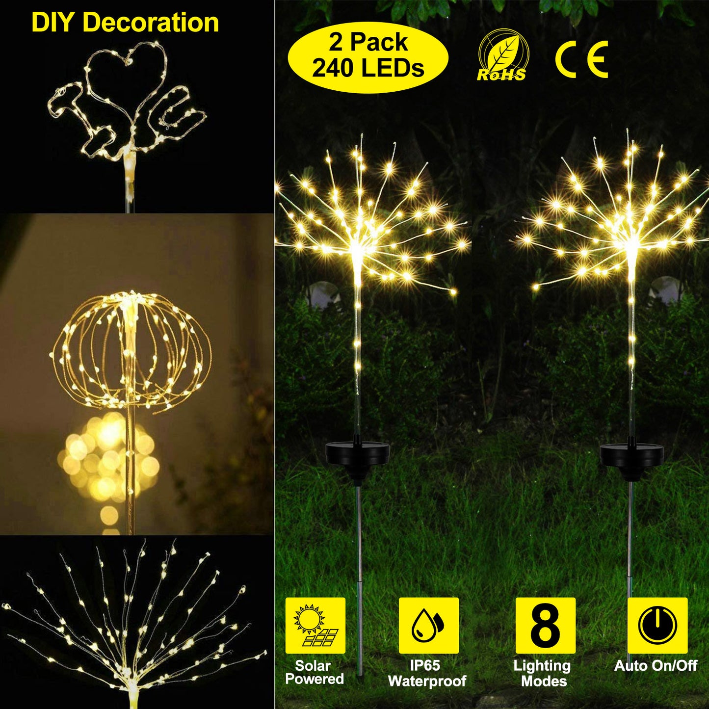 2Pcs Solar Powered Starburst Lights 240 LEDs Firework Lamp Garden Path Decor Lights