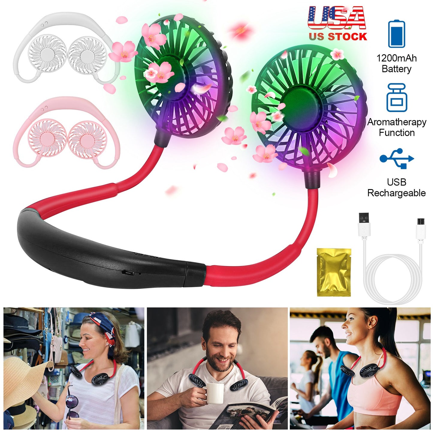 Neck Hanging Fan Hand Free Portable Aromatherapy USB Fans 360¡Rotatable Rechargeable Dual Cooling Fans w/Color Changing Led