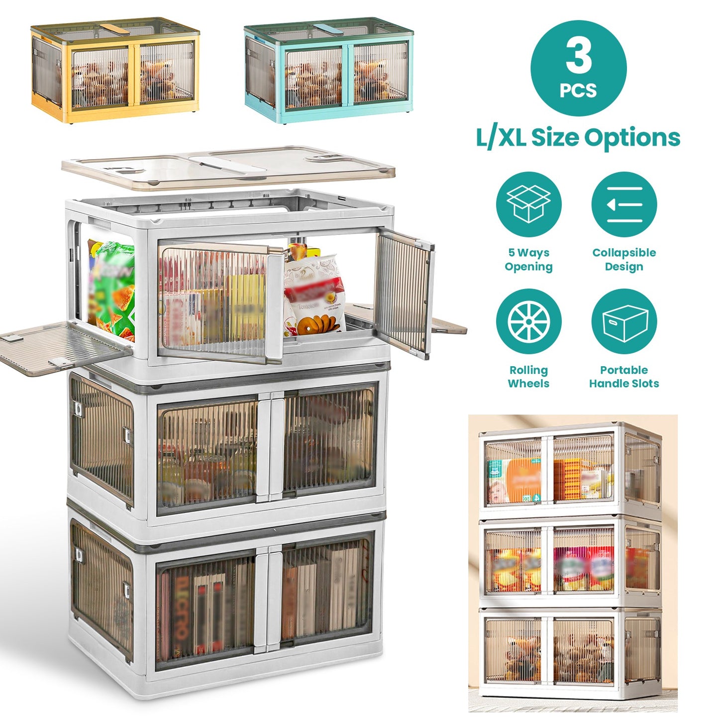 3Pcs Foldable Storage Bins with Lid 4 Doors Collapsible Stackable Closet Organizer Containers with Lock 4Pcs Wheels