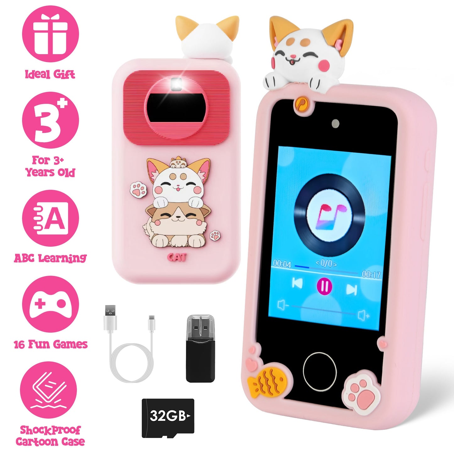 Kids Toy Smartphone Dual Camera Phone Touchscreen Learning Toy with Shockproof Cartoon Case Torch 16 Games ABC Learning for Boys Girls Aged 3+