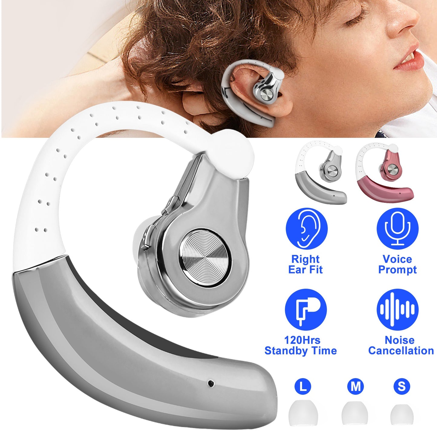 Wireless Earpiece Right In-Ear Wireless Earphone w/ Mic Earhook For Business Office Driving 120Hrs Playtime