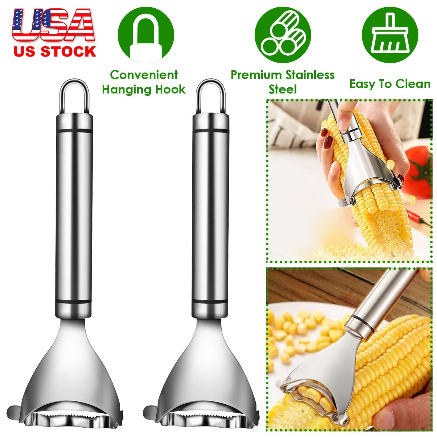 2Pcs Stainless Steel Corn Cob Peelers One-Step Cob Kerneler Remover Kitchen Corn Stripper Cutter Slicer Thresher Tool