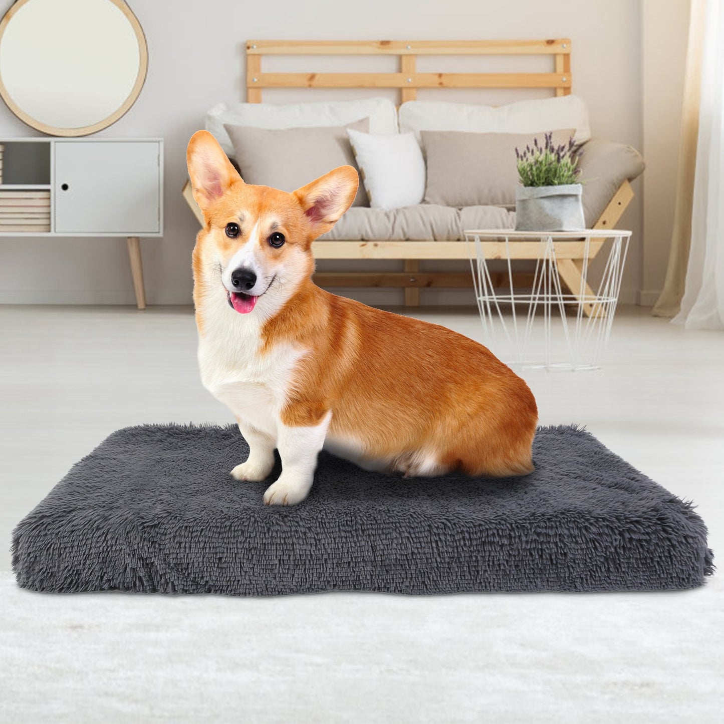 Dog Bed Soft Plush Cushion Cozy Warm Pet Crate Mat Dog Carpet Mattress with Long Plush for S/M Dogs