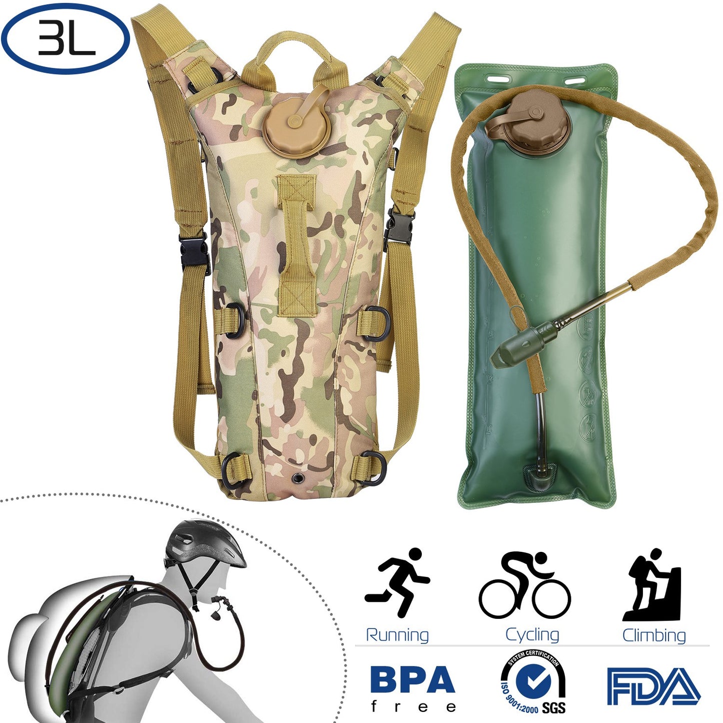 iMounTEK Tactical Hydration Pack 3L Water Bladder Adjustable Water Drink Backpack for Hiking Cycling Climbing Running