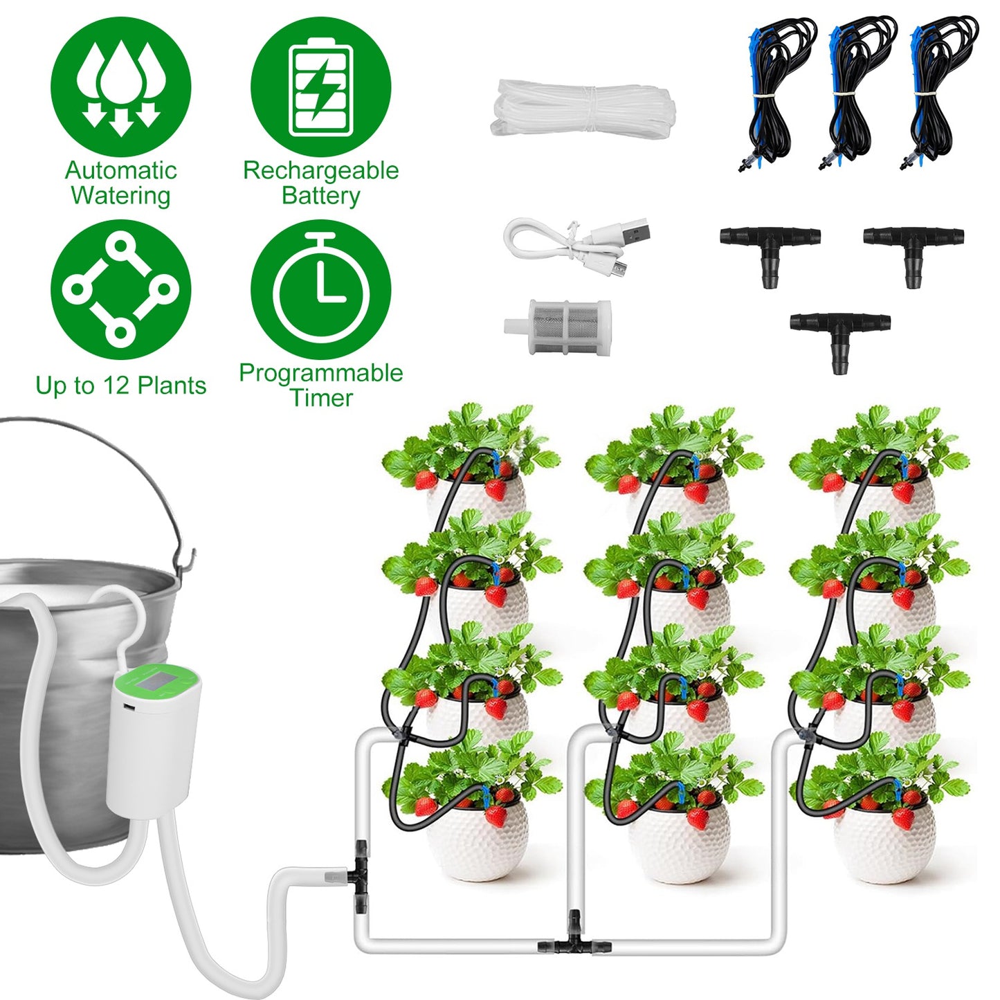 Automatic Watering System Kit With Timer Pump Device For 12Plants Rechargeable Battery Programmable Plant Watering Timer Drip Irrigation System For In