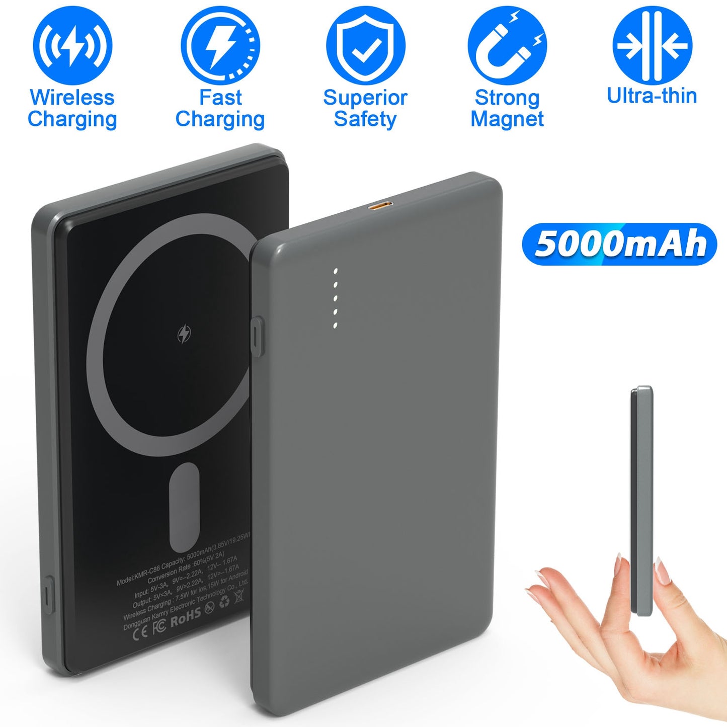 2 In 1 5000mAh 8MM Slim MagSafe Wireless Power Bank PD20W Magnetic Fast Charger Portable Phone Charger Fit for IOS Phone 15 14 13 12 Series And More