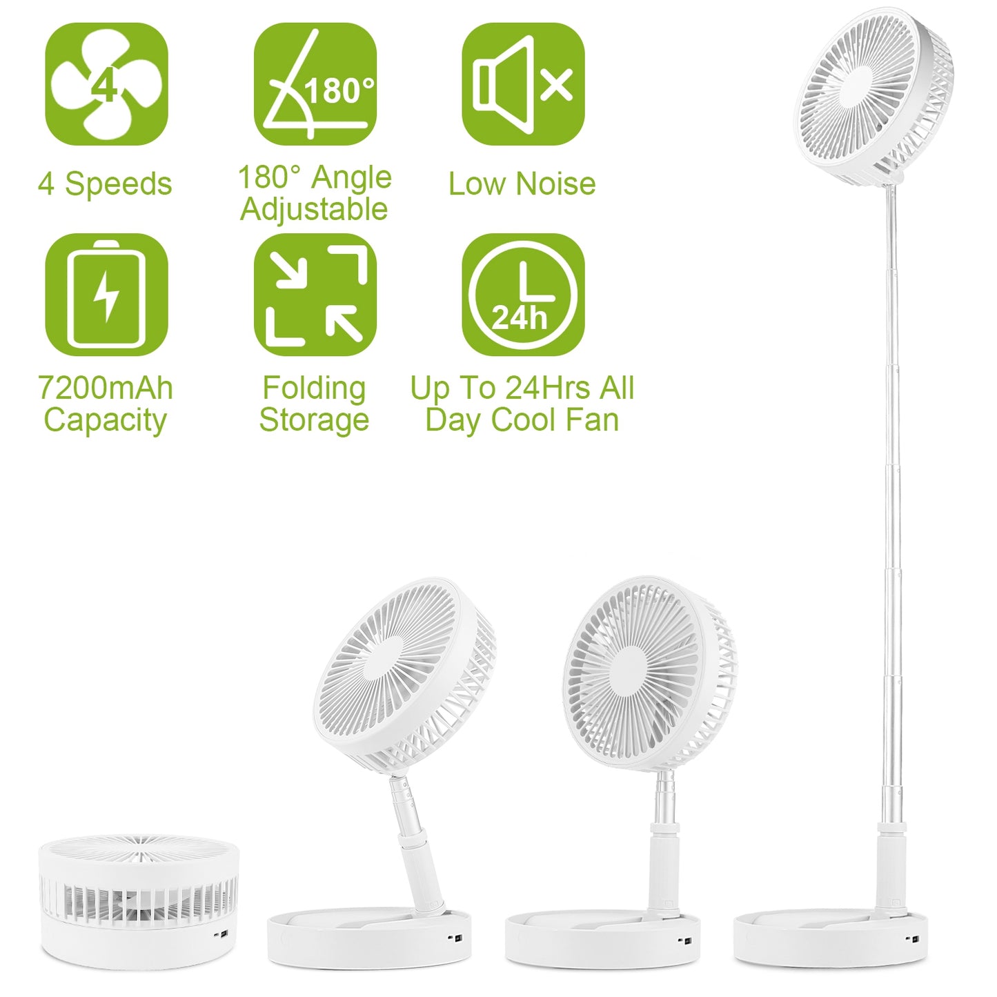 Portable Folding Desk Table Fan Quiet USB Rechargeable Telescopic Standing Floor Fan w/ 4 Speeds Adjustable Height 180¡ Tilting Angle For Office Home