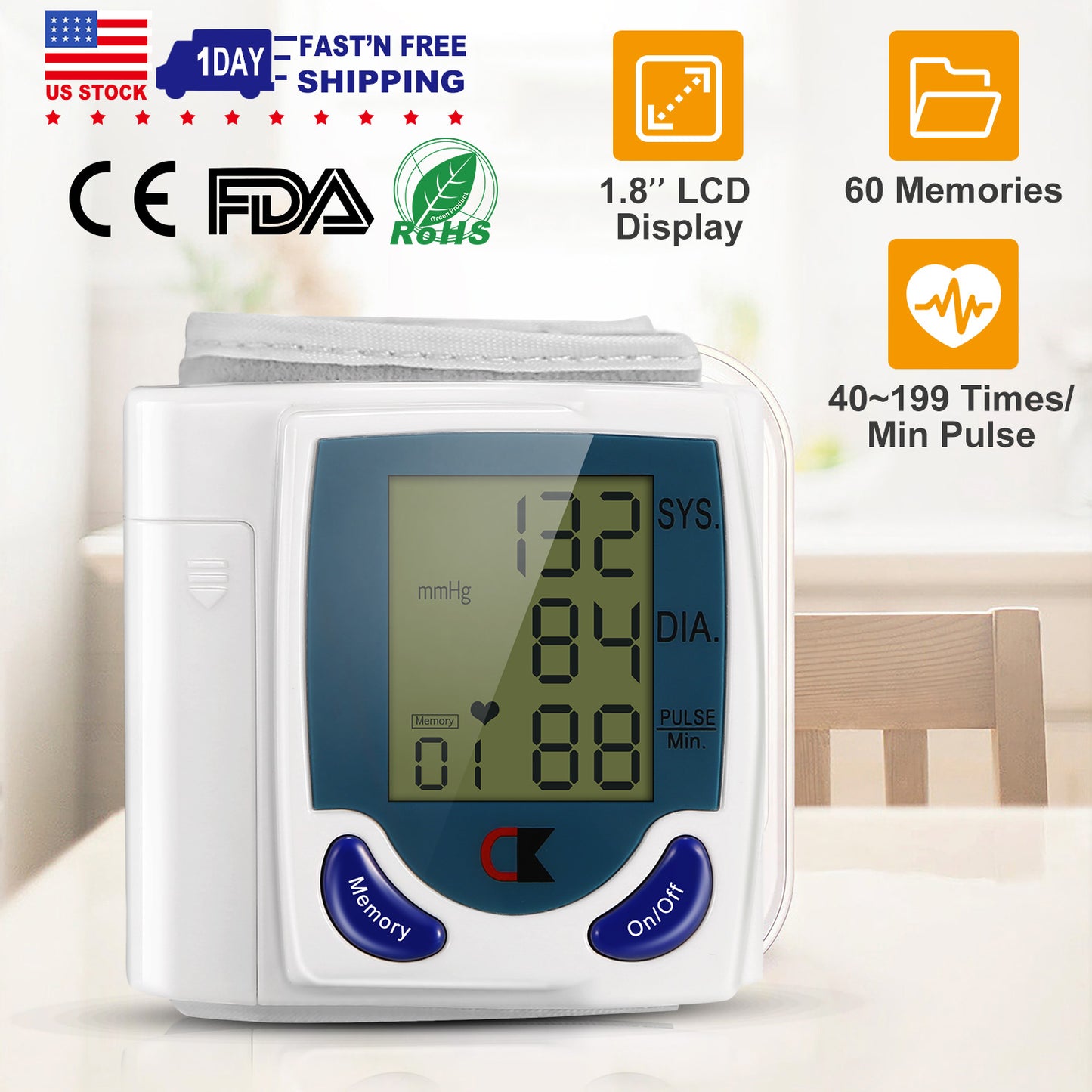 Blood Pressure Monitor Wrist Digital High Blood Pressure Cuff Heartbeat Tester w/ 60 Reading Memory 1.8 Inches LCD Screen Storage Box