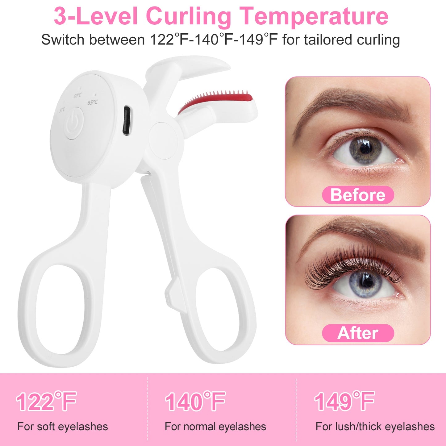 2Pcs Heated Eyelash Curler Electric USB Rechargeable Eyelash Curler Anti-Burn Compact with Comb Heat up Fast Within 8S for All Eye Shapes for Women Ma