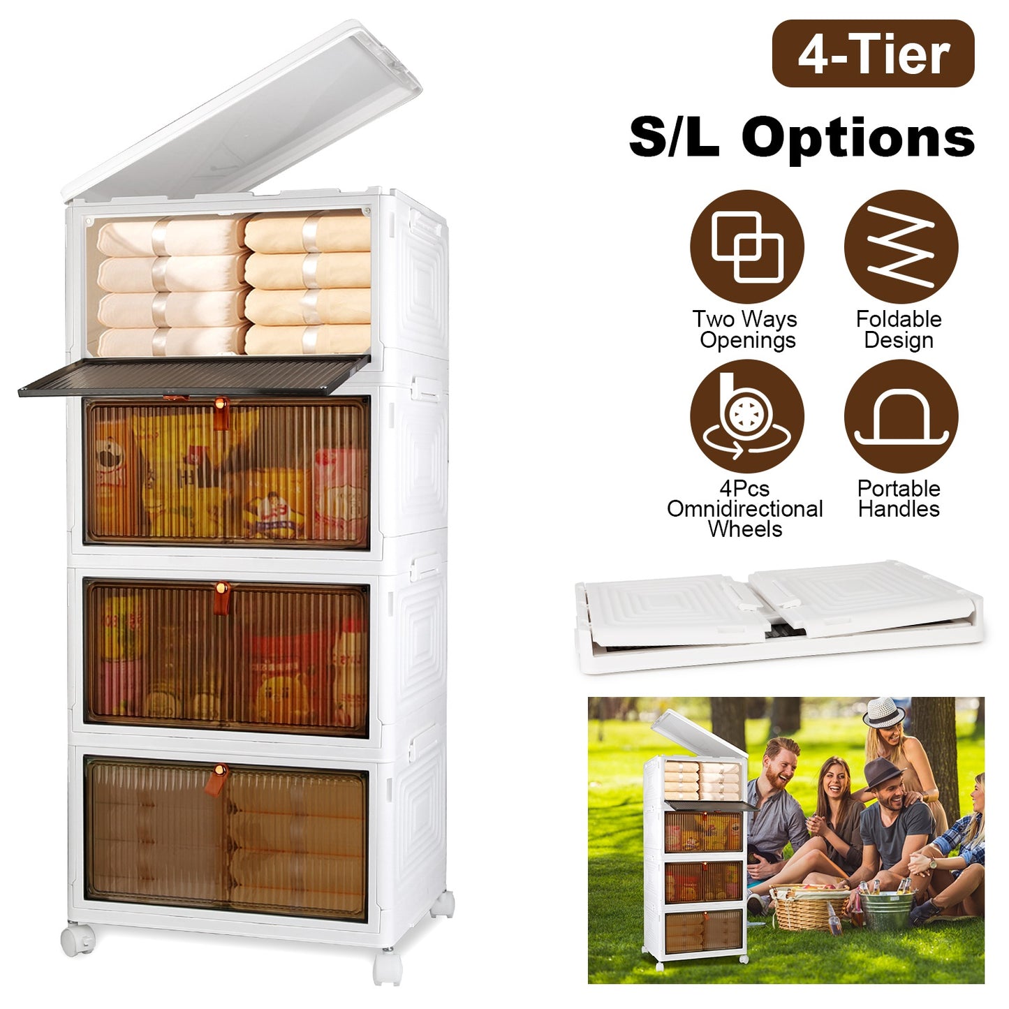 4-Tier Foldable Storage Bins with Lid Front Magnetic Door Collapsible Stackable Closet Organizer Containers with 4Pcs 360¡ Rotatable Wheels