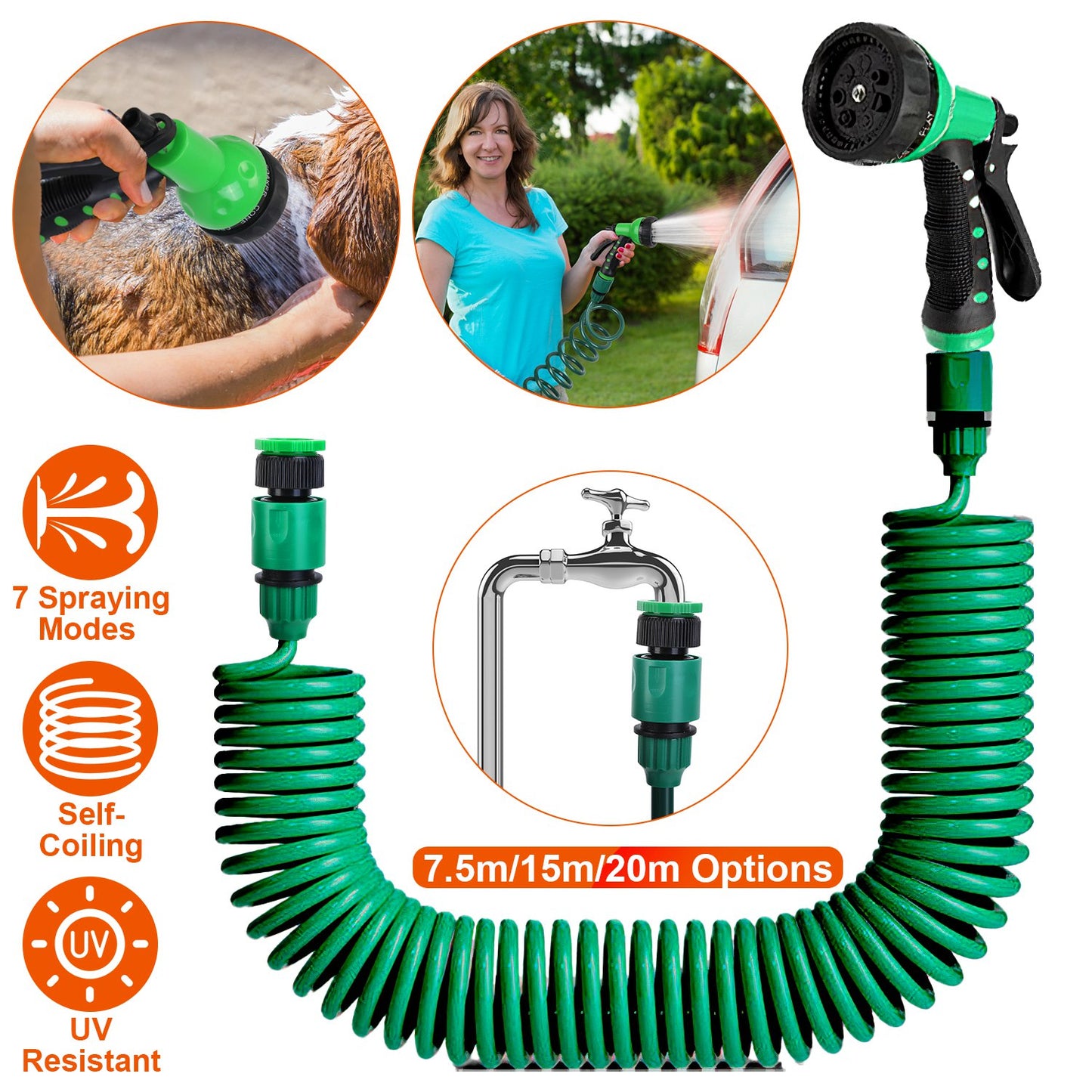 EVA Recoil Garden Hose Flexible Self-coiling Water Hose with 3/4Ó and 1/2Ó Adapter with 7 Spraying Modes for Boat Greenhouse Yard Patio
