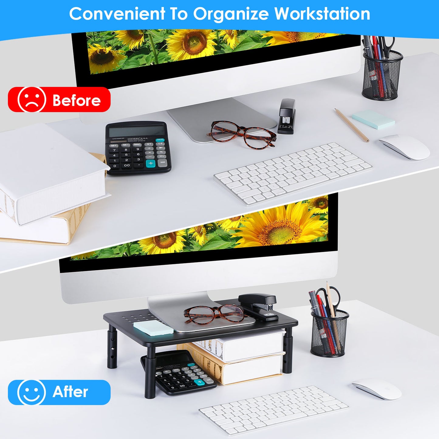 Monitor Stand Riser 3 Height Adjustable Desk Riser Organizer w/ Ventilation Holes For Desktop PC Laptop Printer