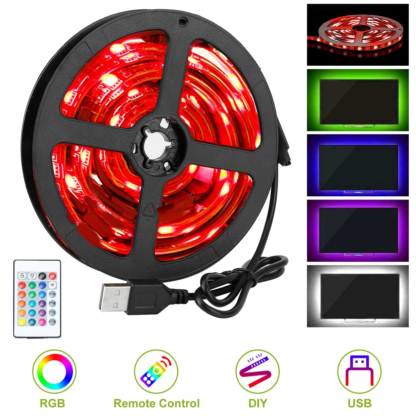 TV LED Backlight Strip 6.56ft Waterproof RGB Strip Light USB Monitor Lighting Kit w/ Remote Controller 16 Colors For 40-60 in TV