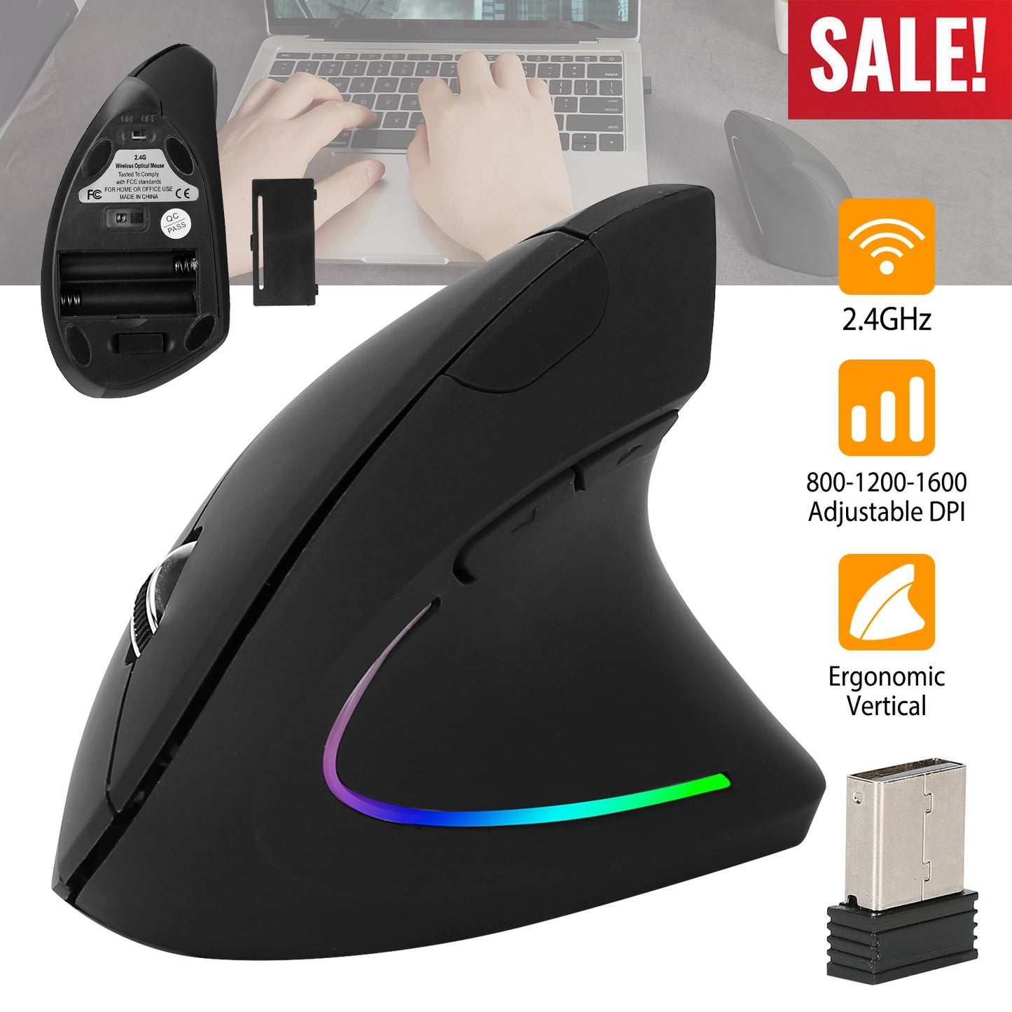 2.4G Wireless Vertical Mouse Ergonomic Optical Mice w/ 6 Buttons 3 Adjustable DPI 800/1200/1600 Levels for Laptop PC Computer
