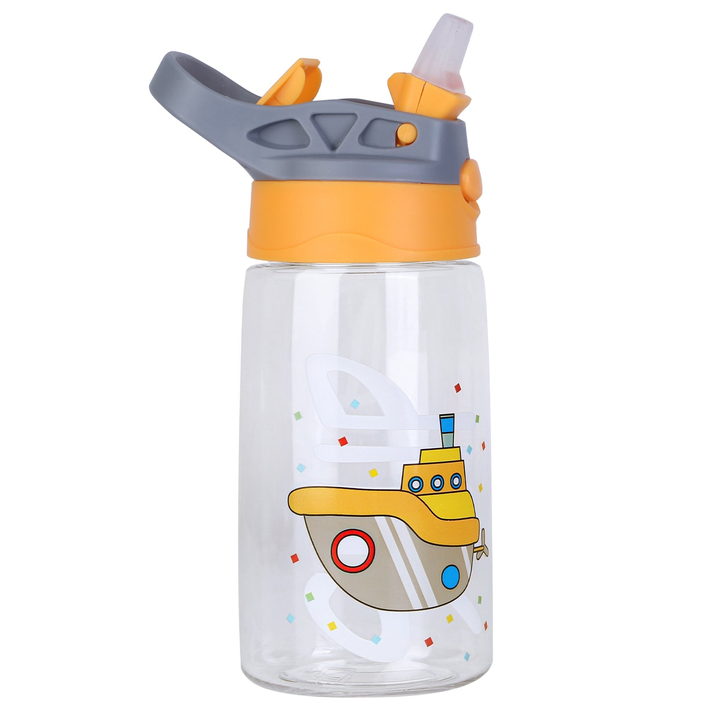 16.2Oz Leak-proof Kids Water Bottle with Straw Push Button Sport Water Bottle for Kids Crab Ship Jellyfish Rocket
