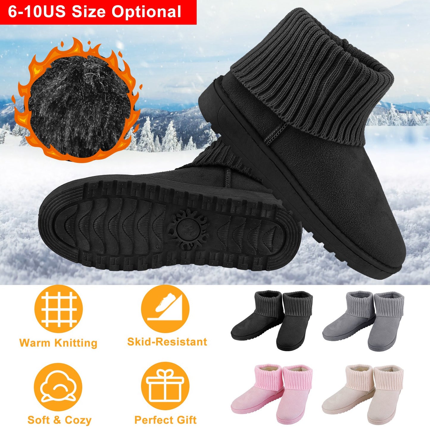 Women Lady Snow Boots Suede Mid-Calf Boot Shoe Short Plush Warm Lining Shoes w/ Anti-slip Rubber Base Knitting Design