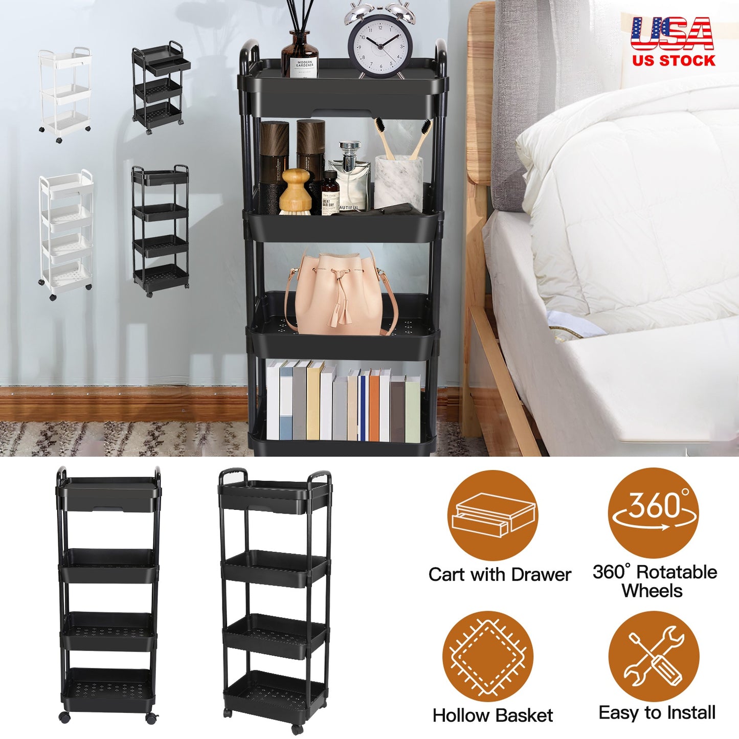 3 Tier Rolling Utility Cart Movable Storage Organizer with Drawer Lockable Wheels 360 Degree Rotatable Hallow Design for Bedroom Bathroom Kitchen