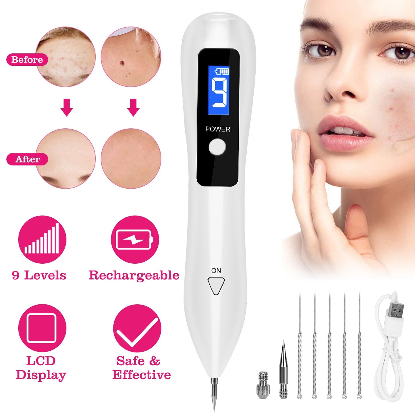 Skin Tag Repair Kit Portable Beauty Equipment Multi-Level with Home Usage USB Charging LCD Level Adjustable 6 Replaceable Needles