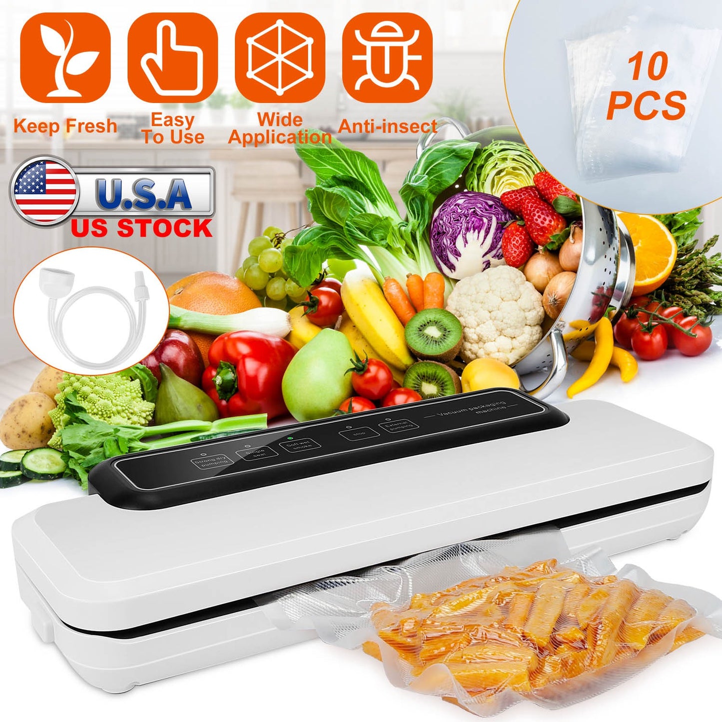 Electric Vacuum Sealer Machine Household Automatic Food Vacuum Sealer Quick Sealing System Machine For Fresh Food Dry Moist Food w/ 10Pcs Bags