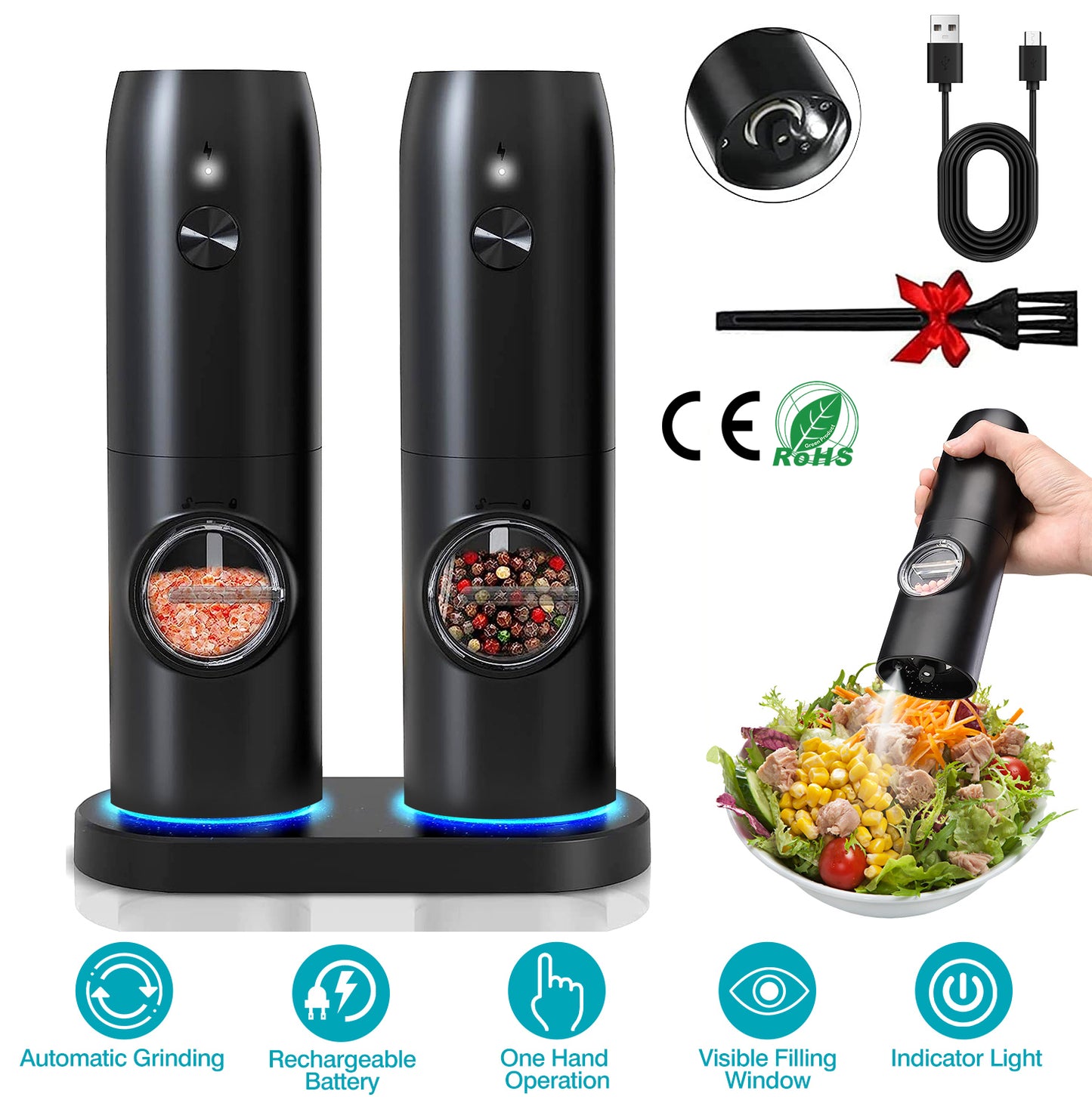 Electric Salt and Pepper Grinder Rechargeable Charging Base Automatic Salt Mill LED Indicator Adjustable Coarseness One Hand Easy Operation
