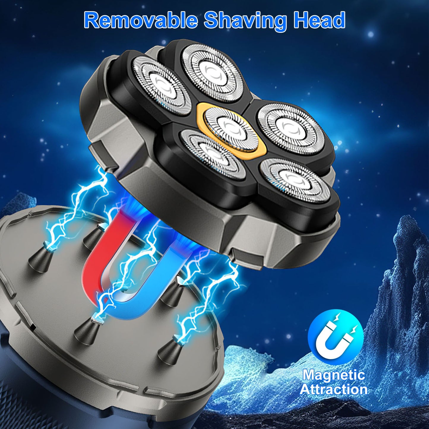 Cordless Electric Head Shaver For Men 6D Magnetic Floating Head IPX6 Waterproof Wet Dry Shaving Electric Razor Type-C Rechargeable Trimmer With LED Di