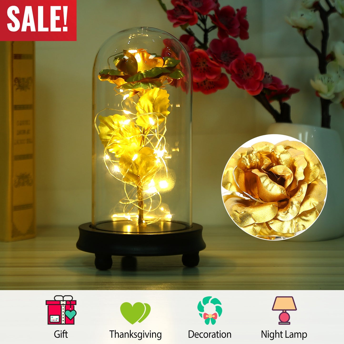 Foil Rose LED String Light Rose Fairy Lamp w/ Glass Dome For ValentinesÕ Day MotherÕs Day Wedding Birthday