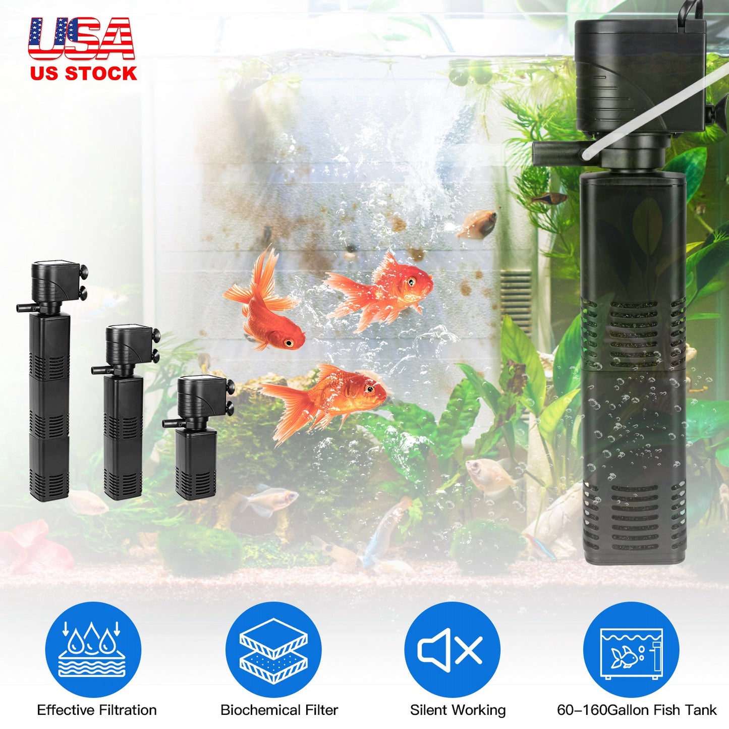 4 in 1 Submersible Aquarium Filter for 60 to 160Gallon Fish Tank Powerful Internal Fish Tank Filter with Biochemical Cotton Filter For Saltwater Fresh