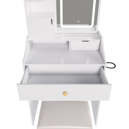 White Vanity Desk Set with LED Lighted Mirror & Padded Stool