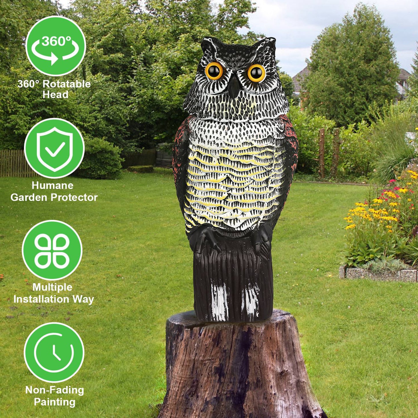 Lifelike Owl Decoy with 360 Degree Rotatable Head Scare Bird Squirrel Away Pest Repellent Bird Deterrent Outdoor Garden Yard Protector
