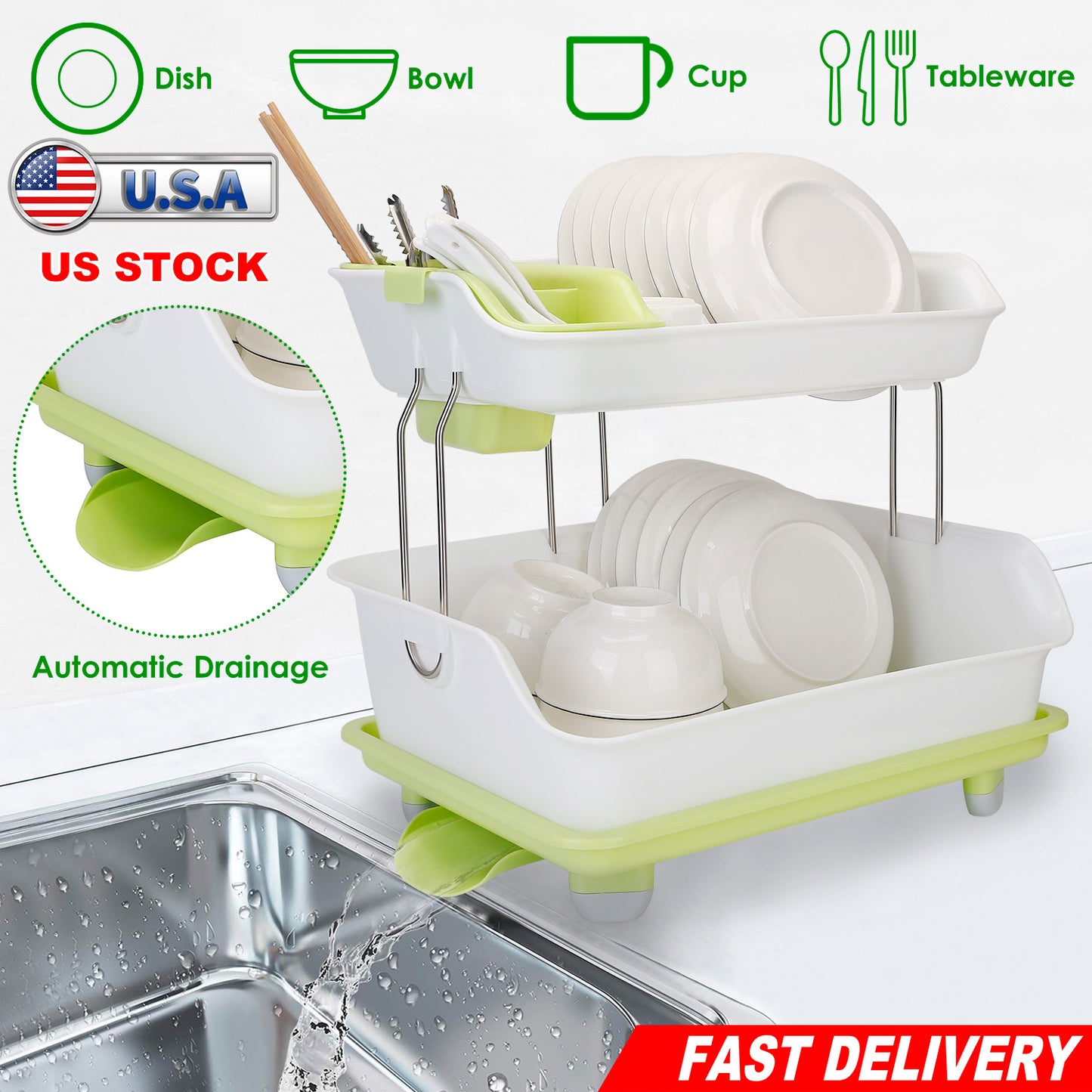 2-Tier Dish Drying Rack Cutlery Drainer Holder Kitchen Organizer Storage Shelf
