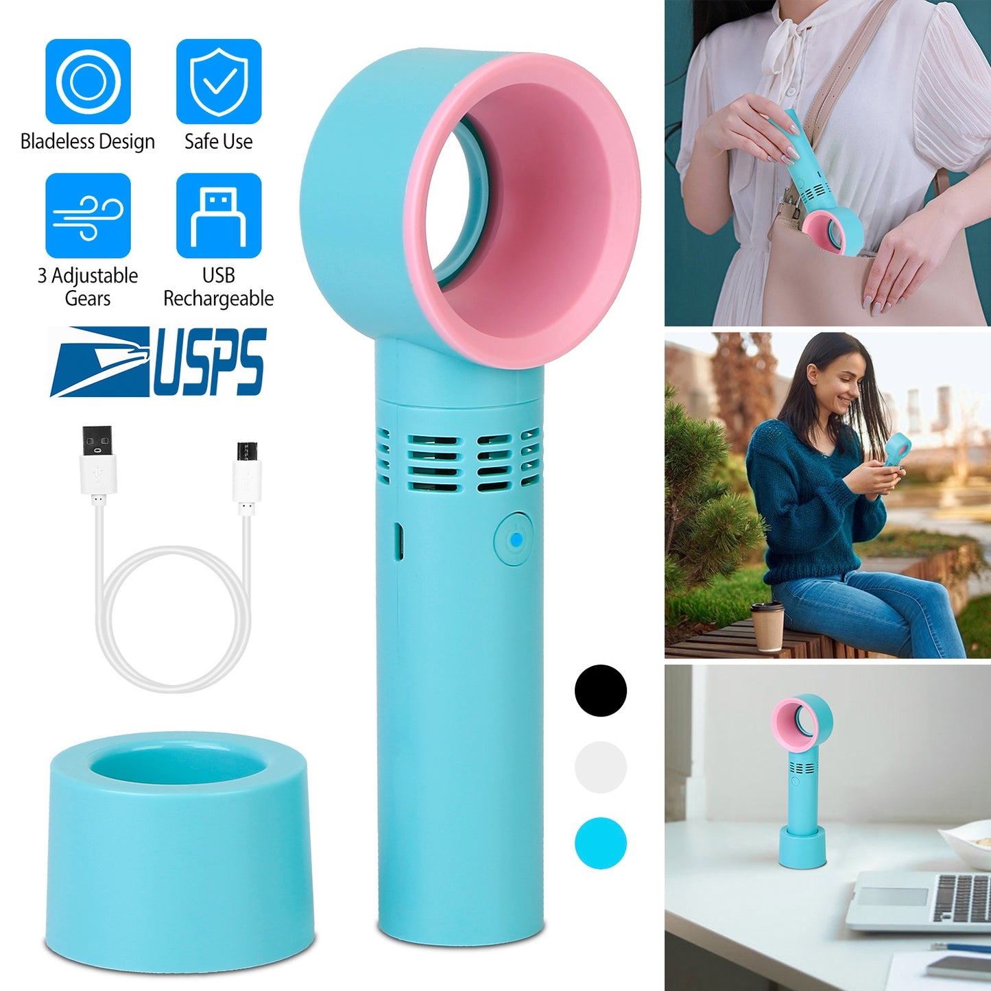 Portable Handheld Bladeless Fan Rechargeable Cooling USB Fan Desktop Use Fan w/ 3 Gears LED Indicator Cooling Fan