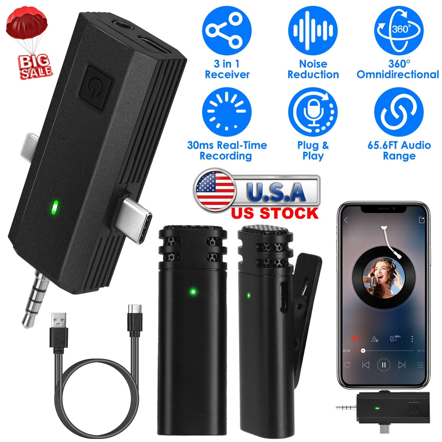 2 Pack 3 in 1 Wireless Clip On Microphone Omnidirectional Mic Noise Reduction Plug and Play 65.6FT Transmission Type-C IOS PC Video Record Interview V