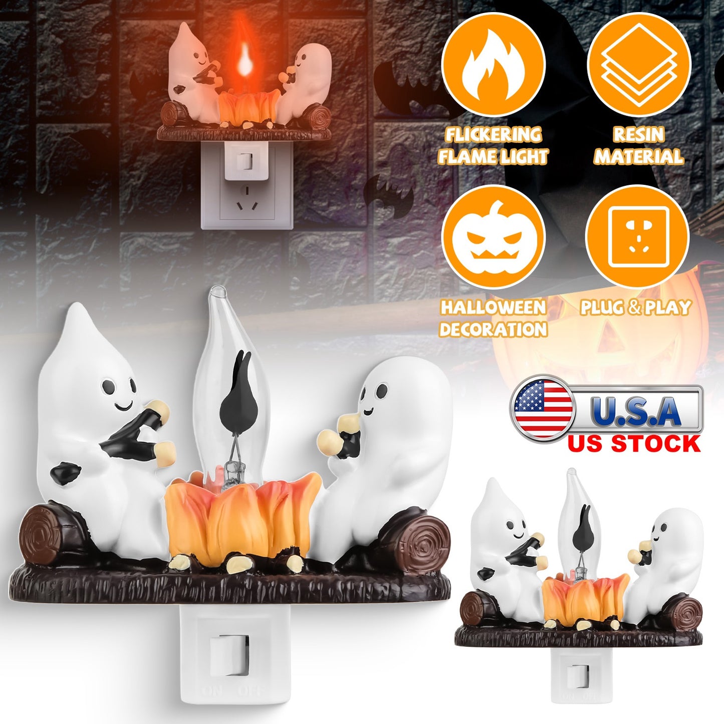 2Pcs Ghost Campfire Flickering Flame Night Light Indoor 3D Funny Halloween Nightlight Decoration Bedroom Night Light Halloween Decoration Gift For Fri