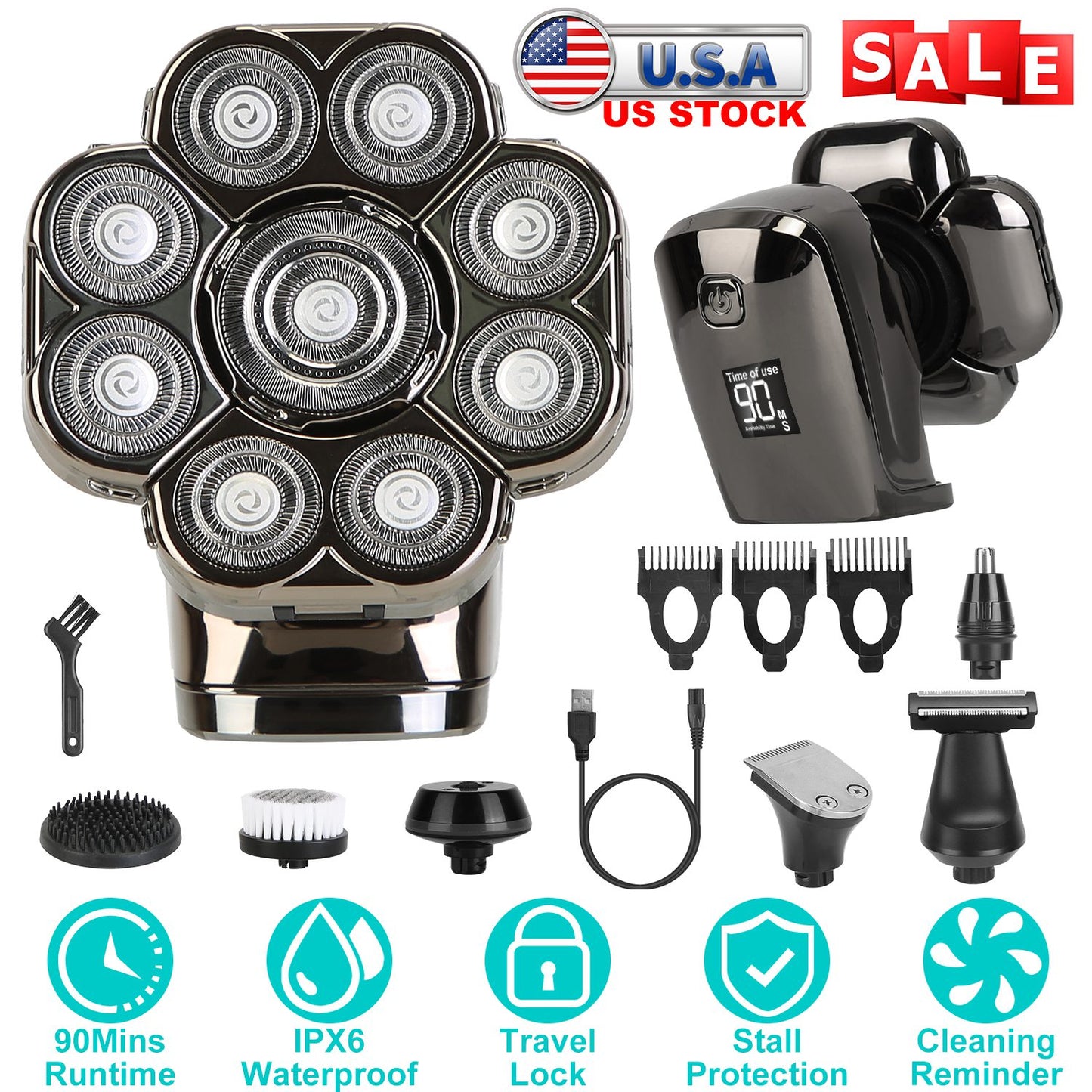 6 In 1 9D Electric Head Shaver for Men Cordless Rechargeable Wet Dry Razor with LED Display Travel Lock Stall Protection Cleaning Reminder