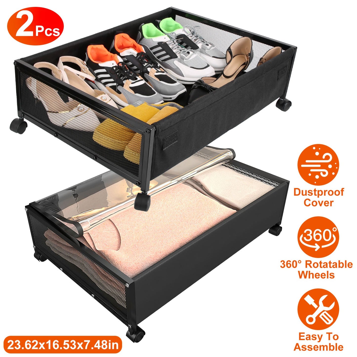 2Pcs Under Bed Storage Containers with 360¡ Rotatable Wheels Visible Dustproof Cover Under Bed Drawer with Clear Window Bedroom Storage Organizer