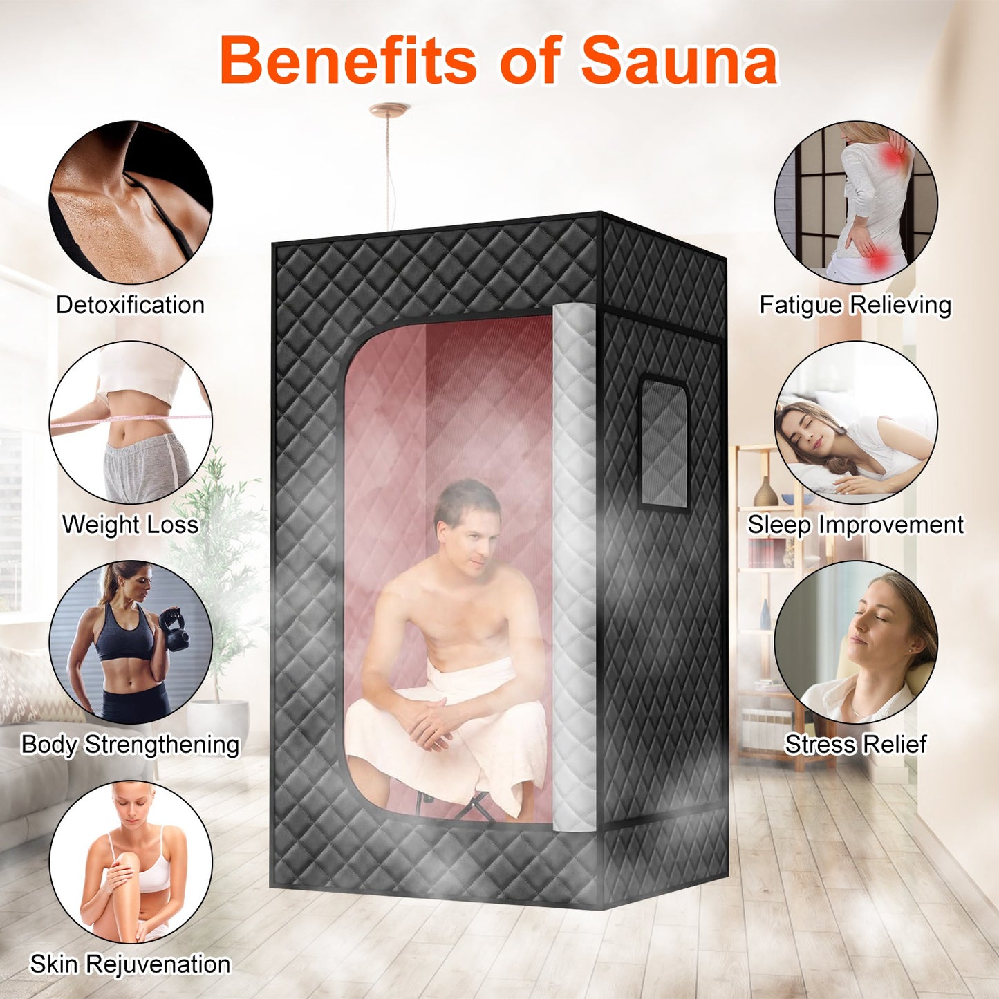 2.6x 2.6x 5.9FTPortable Sauna Tent 1 Person Steam Sauna for Home with 3L/1200W Steamer Folding Chair Remote Control 9 Steam Output Levels 5-95Mins Tim