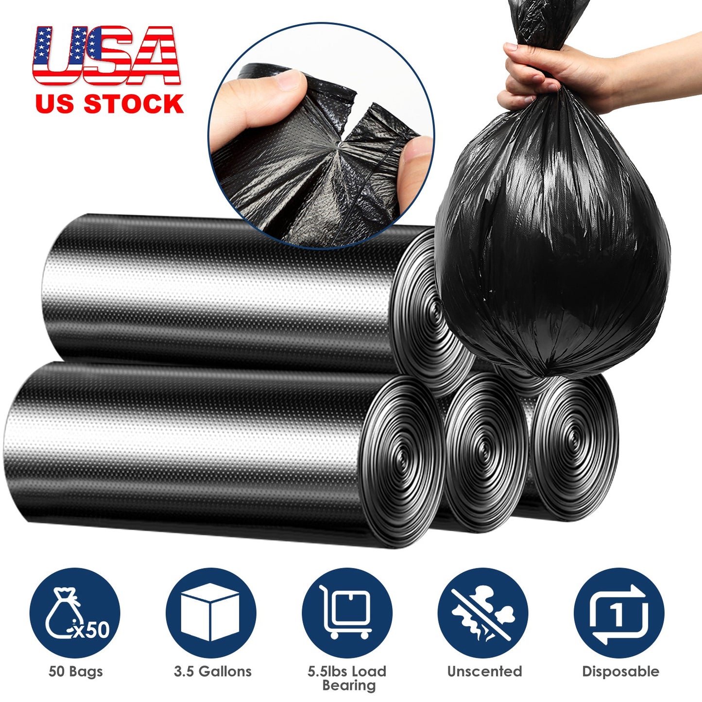 5 Rolls Overall 50 Count Black Garbage Bags Disposable Trash Bags Trash Can Liners Unscented Leak Resistant for Camping Toilet Home Office