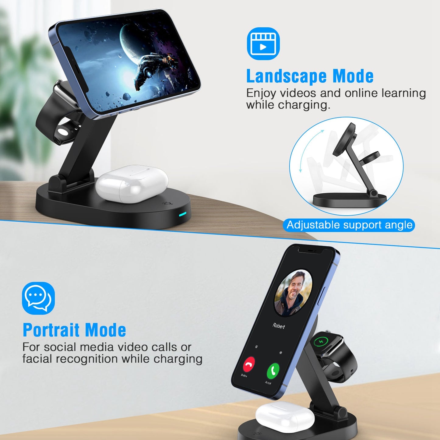 4 In 1 Magnetic Wireless Charging Station Dock Charger 15W Foldable Fast Charging Stand Fit for iPhone 13 12 Pro Pro Max Mini iWatch 7 6 5 4 3 2 1 Air