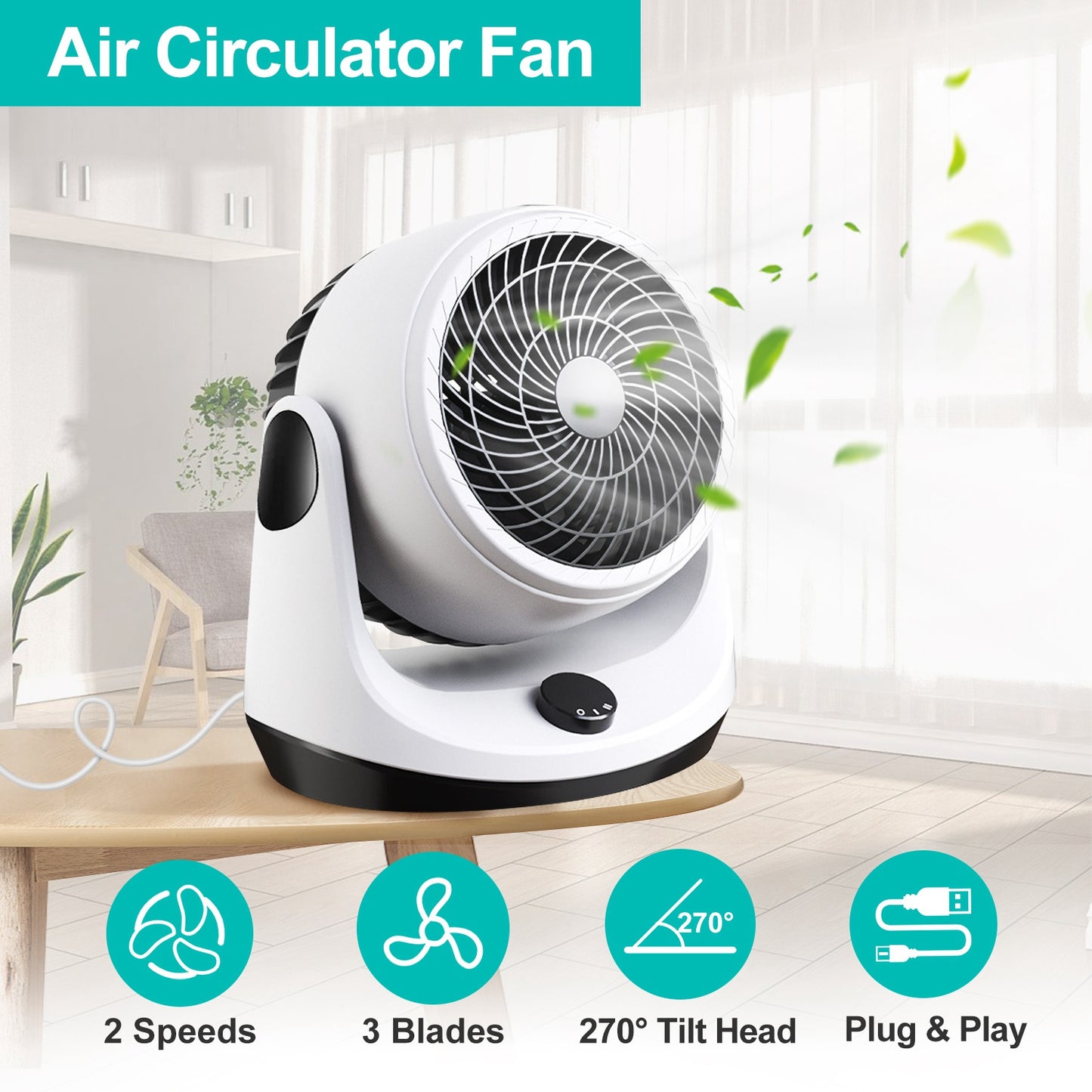 Table Desktop Fan Air Circulator Office Fan with 2 Speeds 270¡ Adjustable Head USB Plug Play for Room Office Kitchen Office