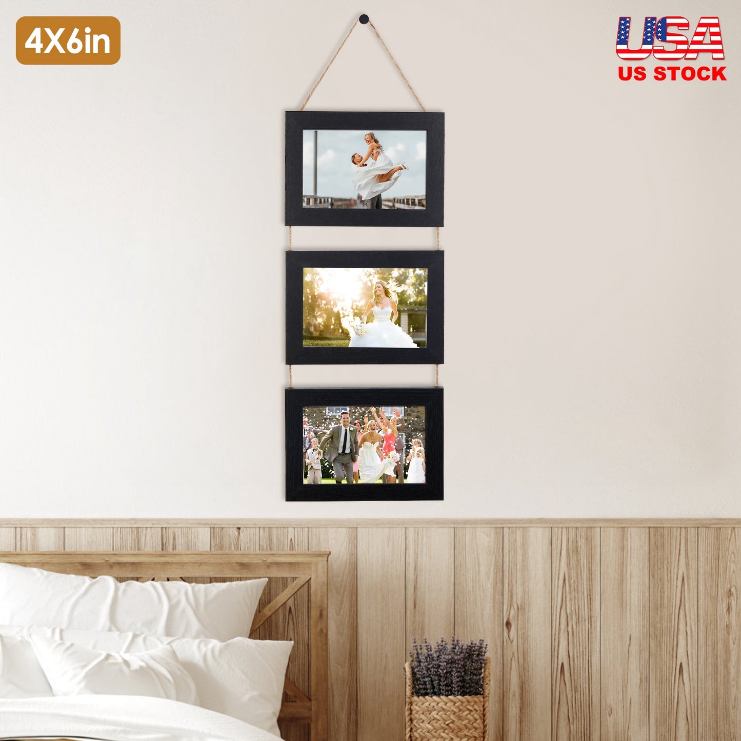 4x6IN Wall Hanging Picture Collage Frame 3-Opening Wall Decor Without Mat Rustic Style Wood Photo Frame Display
