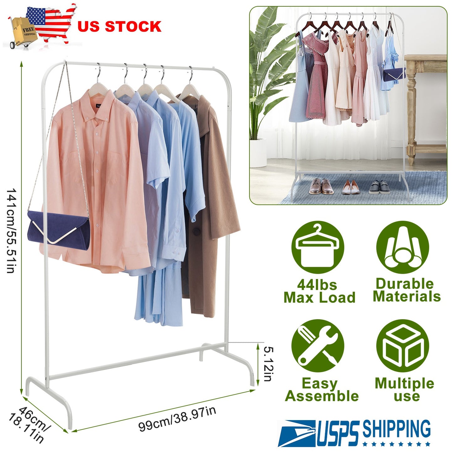 20kg/44lbs Loading Clothing Garment Racks Steel Freestanding Garment Racks Detachable Clothes Rack Stands Cloth Organizer for Store or Hanging Clothes