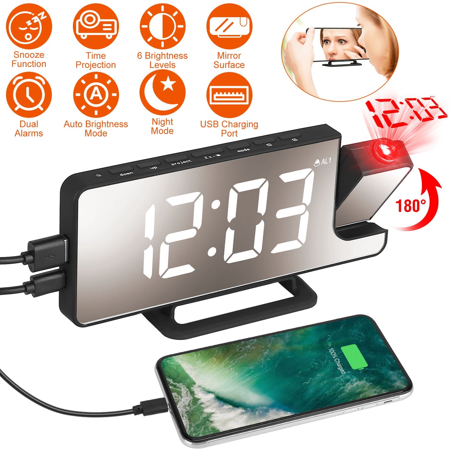 Projection Alarm Clock LED Digital Alarm Clock with Dual Alarms Snooze Function 6 Dimmer 12/24 Hour USB Port 7.7In Mirror