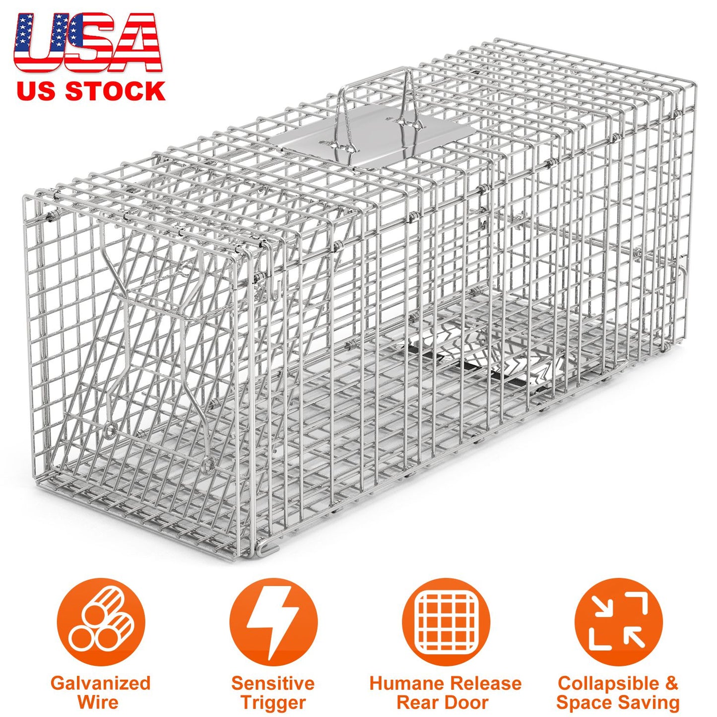 Humane Cat Trap Cage Catch Release Live Animal Rodent Cage Collapsible Galvanized Wire for Raccoons Beavers Groundhogs Foxes Armadillos