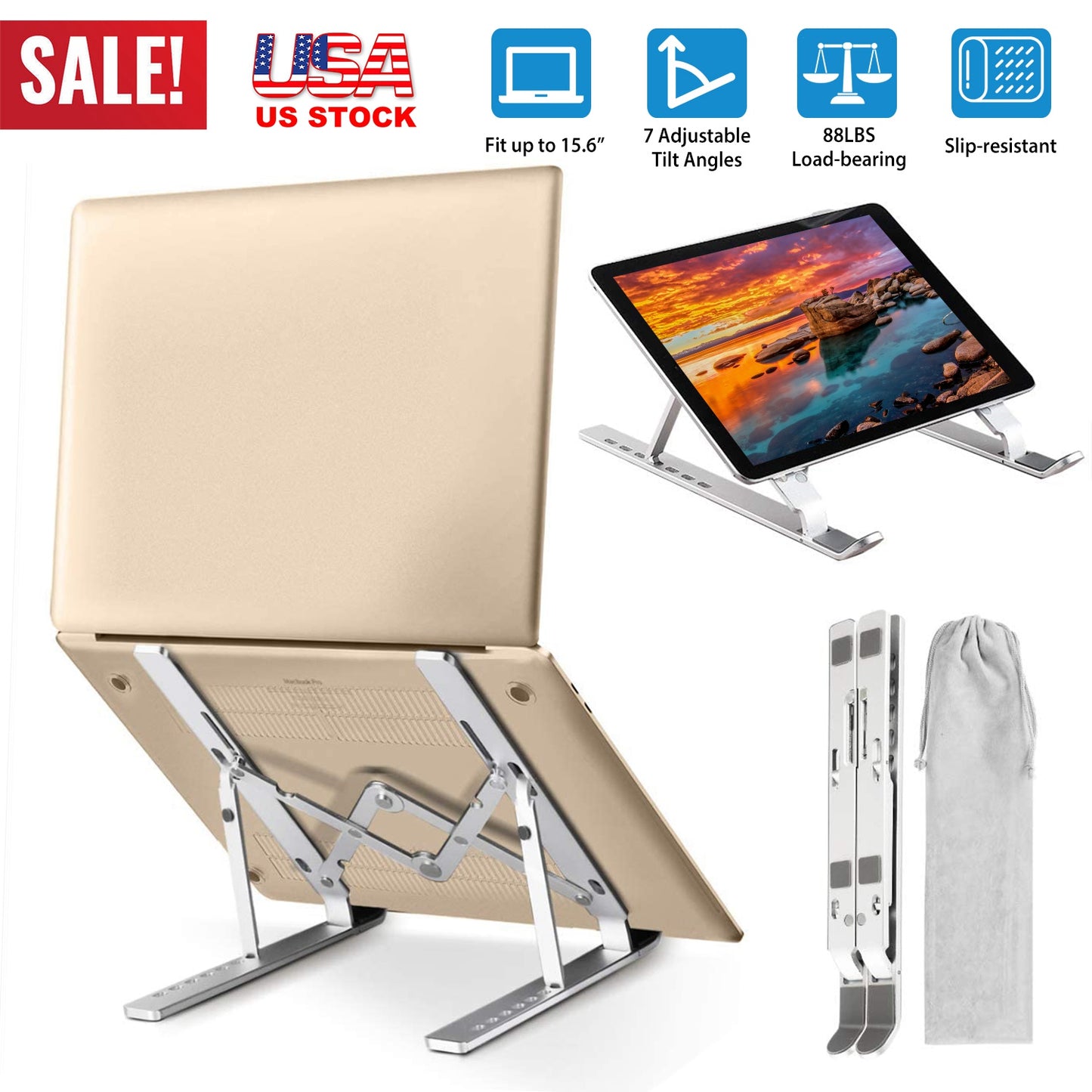 Laptop Stand Lifter Foldable Aluminum Desktop Phone Holder Stand Angle Adjustable Tablet PC Holder Riser Ventilated Laptop Phone Tray