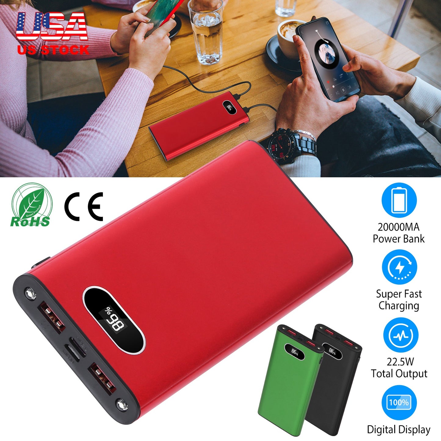 20000Mah Power Bank Portable Charger External Battery Pack 22.5W Super Fast Charging with LED Display Flashlight Fit for iPhone Samsung