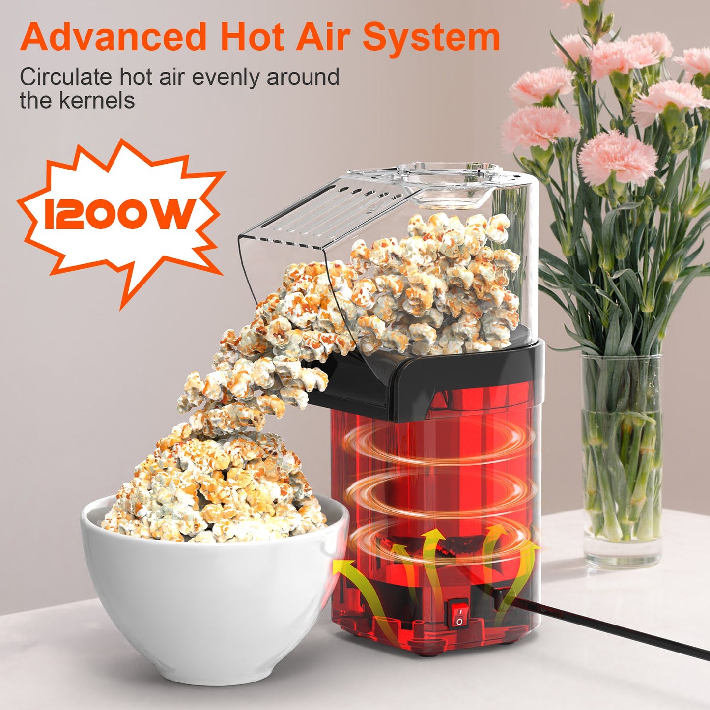 Hot Air Popcorn Popper Maker with Measure Cup And Butter Warmer 1200W Oil-Free Easy To Use 8Cups Mini Popcorn Maker Machine for Home