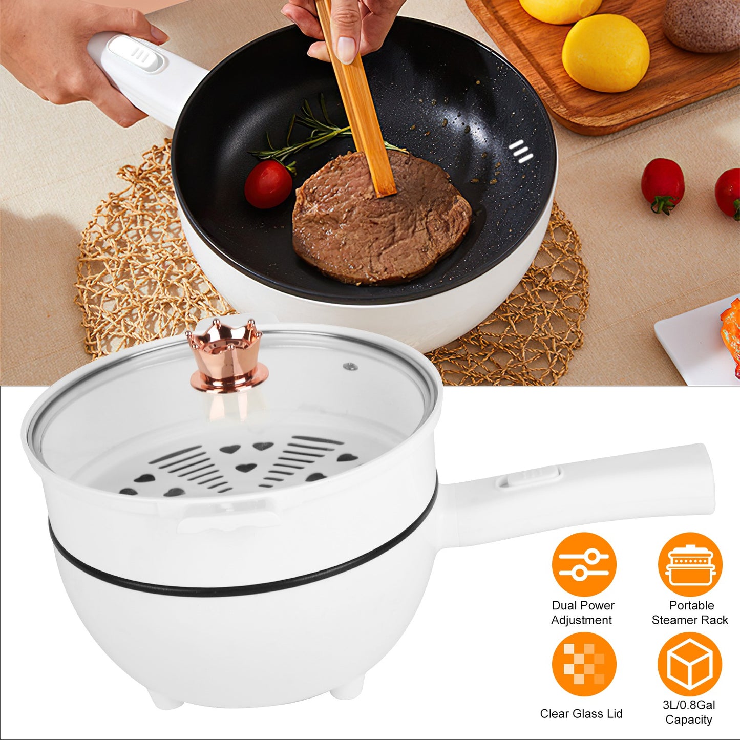 Electric Hot Pot Non-Stick Frying Pan Portable Rapid Noodles Cooker with Long Handle Steamer Spatula Dual Power Control Overheat Dry-Boil Protection f
