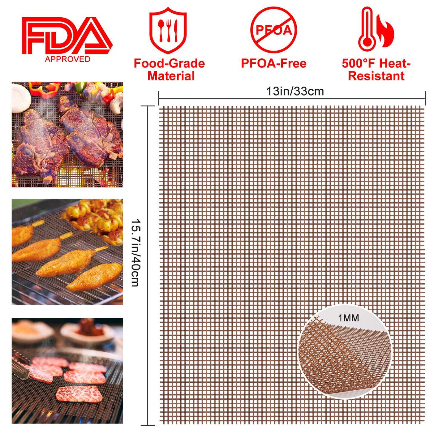 BBQ Grill Mat Non-Stick Mesh Mat Baking Sheet Liner Reusable Reversible Washable for Outdoor Gas Charcoal